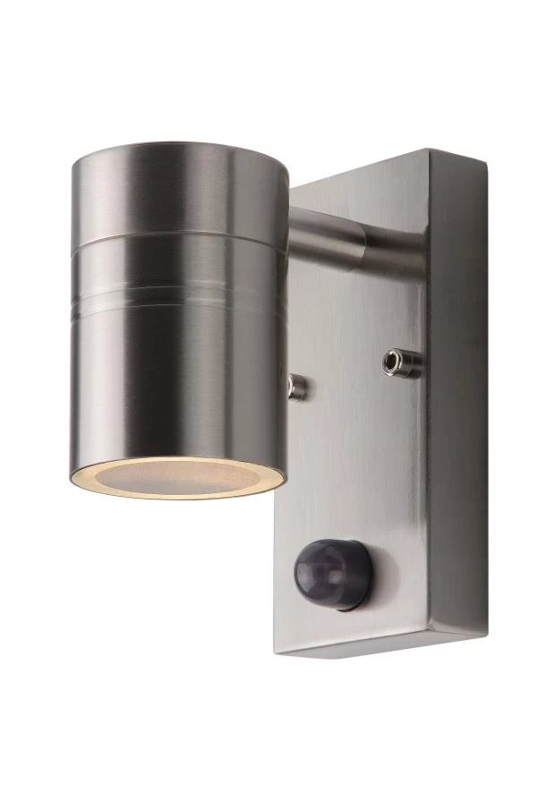 Lucide ARNE-LED IR - Wall spotlight / Wall light Indoor/Outdoor - Ø 6,3 cm - LED - GU10 - 1x5W 2700K - IP44 - Motion & Day/Night Sensor - Satin Chrome - turned on 2