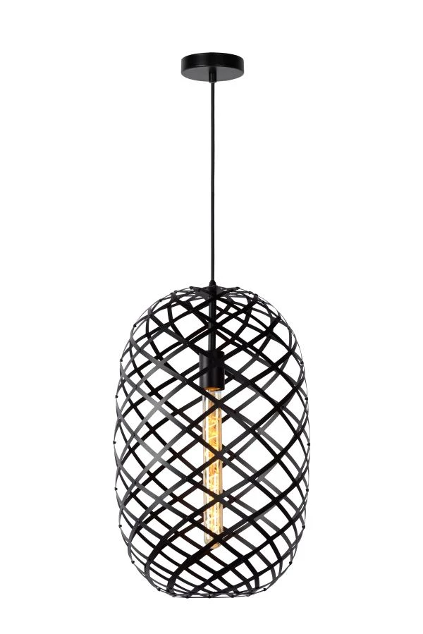 Lucide WOLFRAM - Hanglamp - Ø 32 cm - 1xE27 - Zwart - aangezet