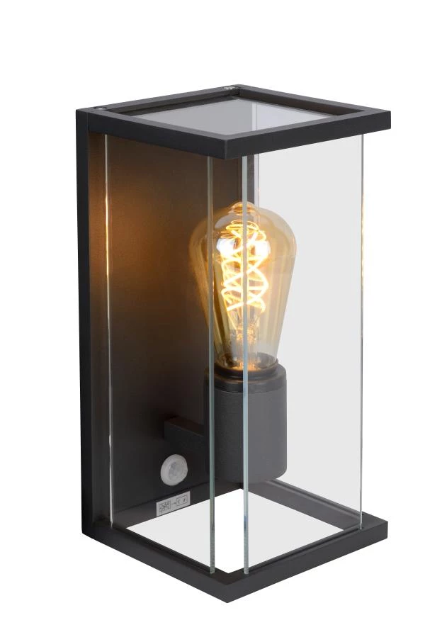 Lucide CLAIRE - Wandlamp Binnen/Buiten - 1xE27 - IP54 - Beweging & dag/nacht sensor - Antraciet - aangezet