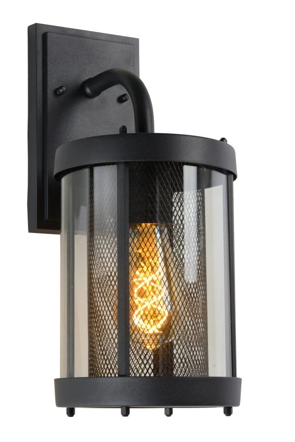 Lucide MAKKUM - Wandlamp Binnen/Buiten - 1xE27 - IP23 - Zwart - aangezet