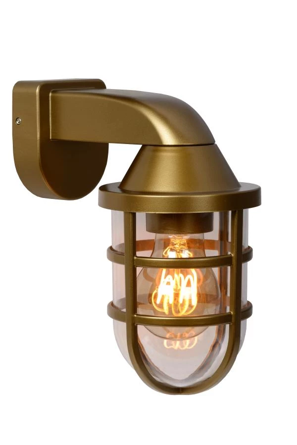 Lucide LEWIS - Wall light Indoor/Outdoor - 1xE27 - IP44 - Matt Gold / Brass - turned on 2