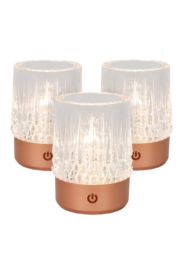 Lucide LILY - Oplaadbare Tafellamp - Accu/Batterij - Ø 8 cm - LED Dim to warm - 1x3W 2700K/3000K - Koper - Set van 3 - aangezet 7