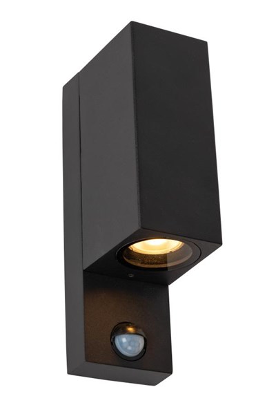 Lucide ZARO IR - Foco de pared / Lámpara de pared Dentro/Fuera - 2xGU10 - IP65 - Sensor movimiento & día/noche (desactivable) - Negro