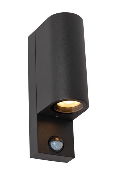 Lucide ZARO IR - Foco de pared / Lámpara de pared Dentro/Fuera - 2xGU10 - IP65 - Sensor movimiento & día/noche (desactivable) - Negro